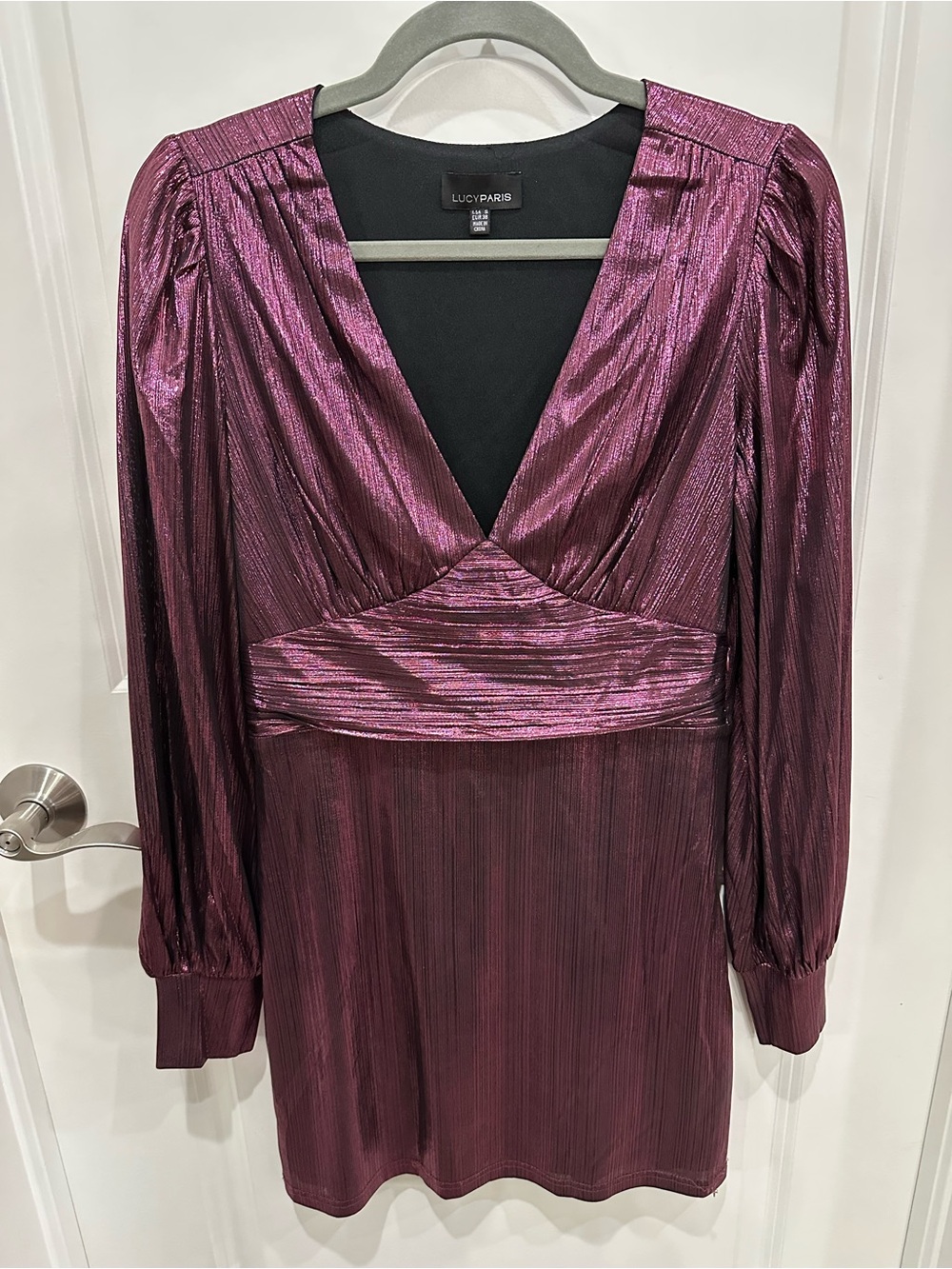 Lucy Paris Shimmery Plum V-Neck Long Sleeve Mini Dress